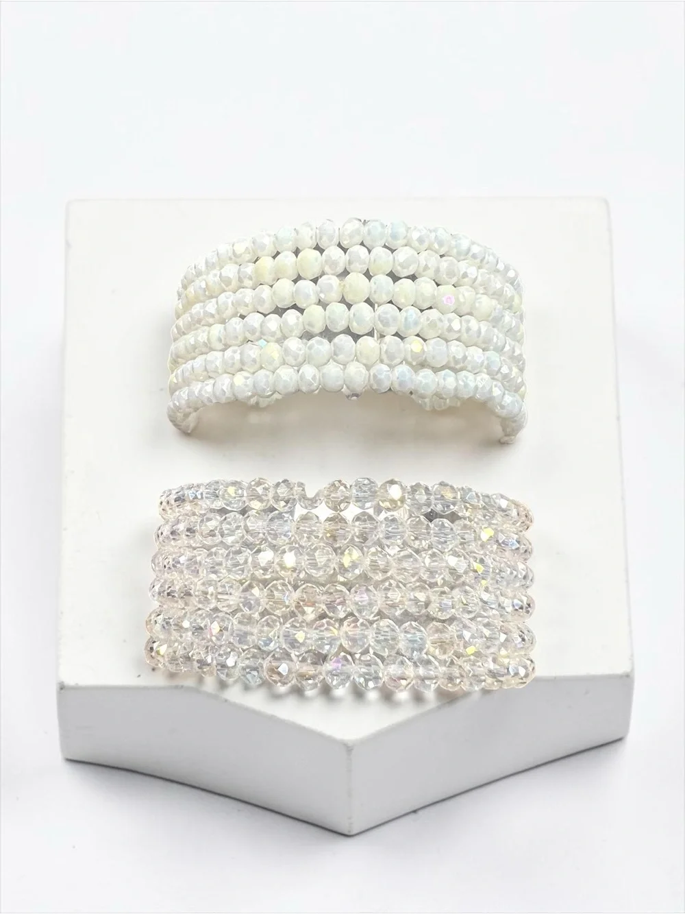 2 Super fun sets 4mm Clear (6) & White Beaded(6) Stretch Bracelet - Women Jewely